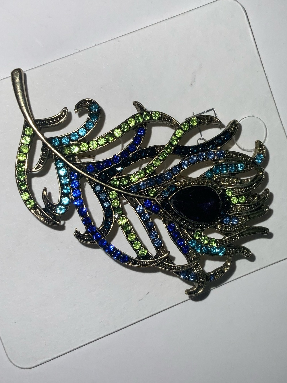 Peacock Feather Statement Brooch with Blue & Green Rhinestones